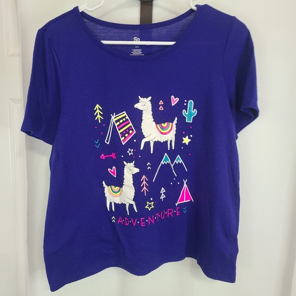 (1428) So Girls Short Sleeve Lama Motif T-Shirt, Size: 18 1/2 Color: Blue - Picture 2 of 15